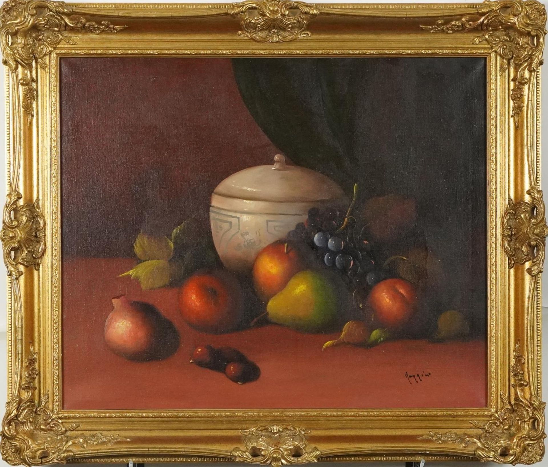 Morrini - Still life fruit and vessels, pair of Italian school oil on canvases, mounted and - Bild 10 aus 15