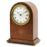 Edwardian inlaid oak dome top mantle clock retailed by J W Benson London having enamelled dial