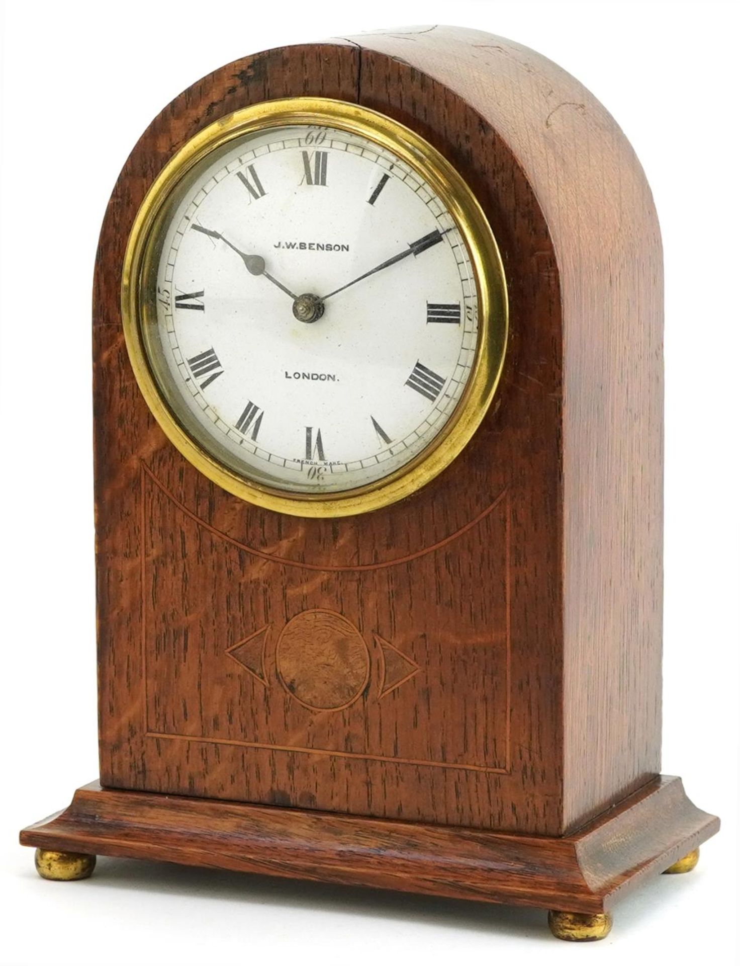 Edwardian inlaid oak dome top mantle clock retailed by J W Benson London having enamelled dial