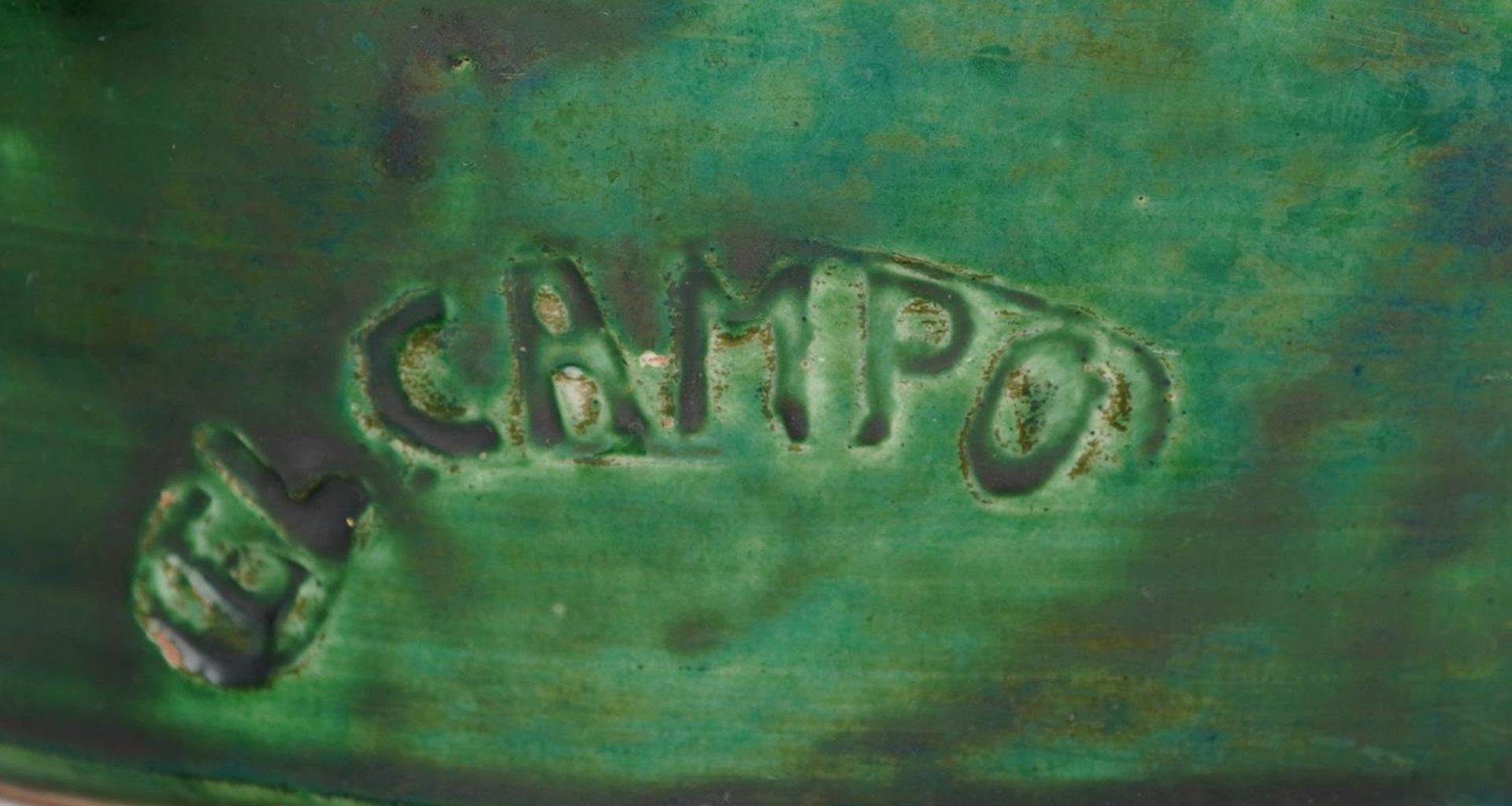 Continental green glazed pottery twin handled vessel impressed El Campo and a similar jug, 37cm wide - Image 2 of 5
