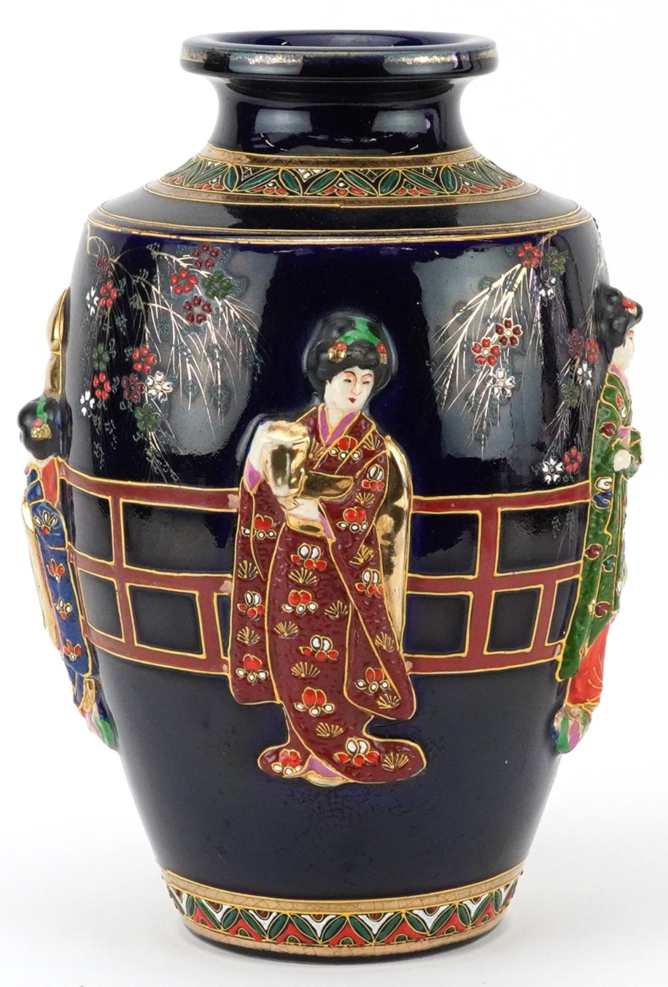 Japanese Satsuma pottery vase hand painted and decorated in relief with young females, character - Image 3 of 7