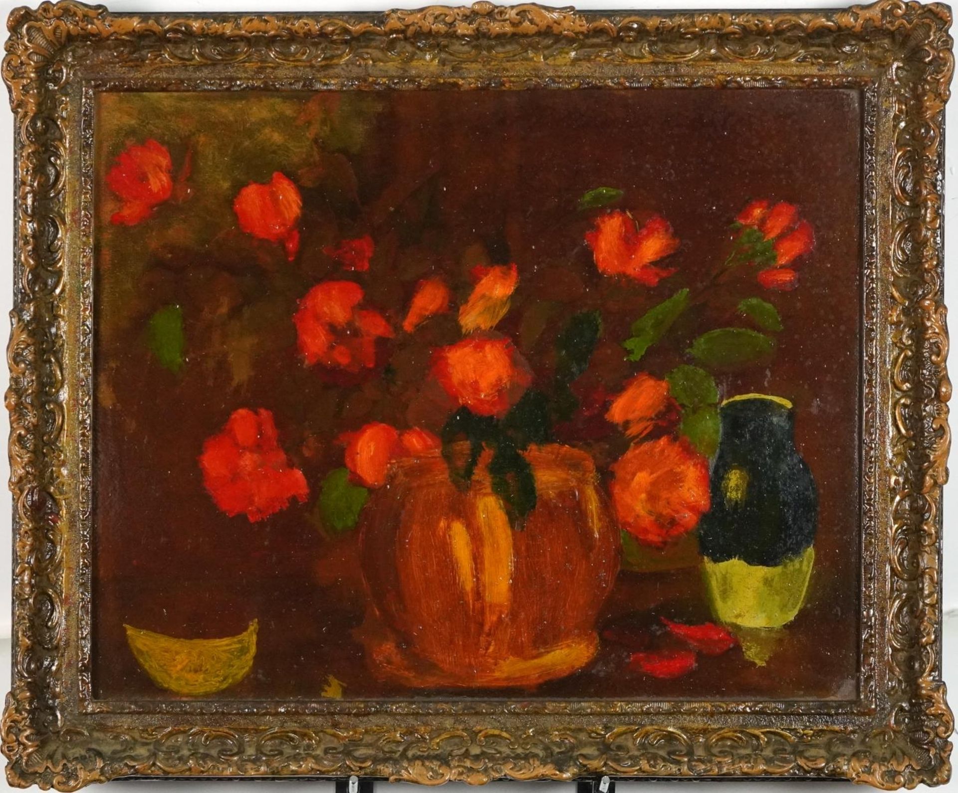 Still life flowers in a vase, post war British oil on board, framed, 49.5cm x 39.5cm excluding the - Image 2 of 3