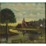 Continental river landscape with church and trees, oil on canvas laid on board, mounted, framed