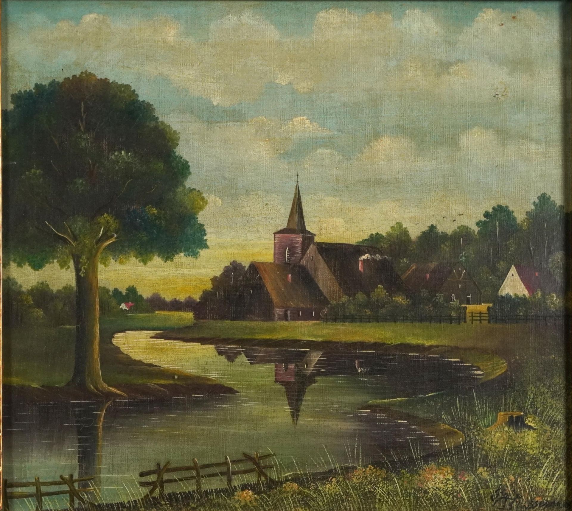 Continental river landscape with church and trees, oil on canvas laid on board, mounted, framed