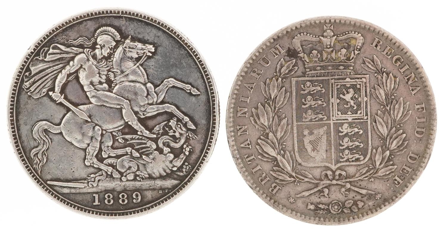 Two Victorian silver crowns comprising dates 1845 and 1889, 56g