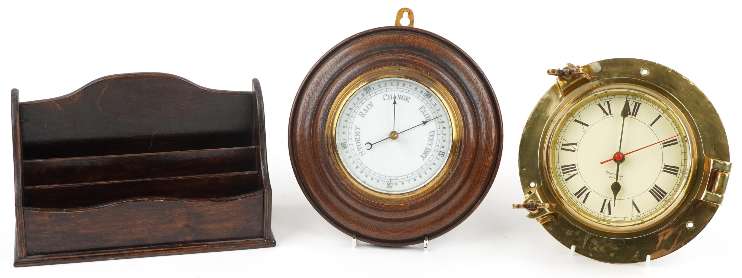 Sundry items including an oak wall barometer and a Nauticalia quartz brass ship's bulk head design