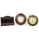 Sundry items including an oak wall barometer and a Nauticalia quartz brass ship's bulk head design