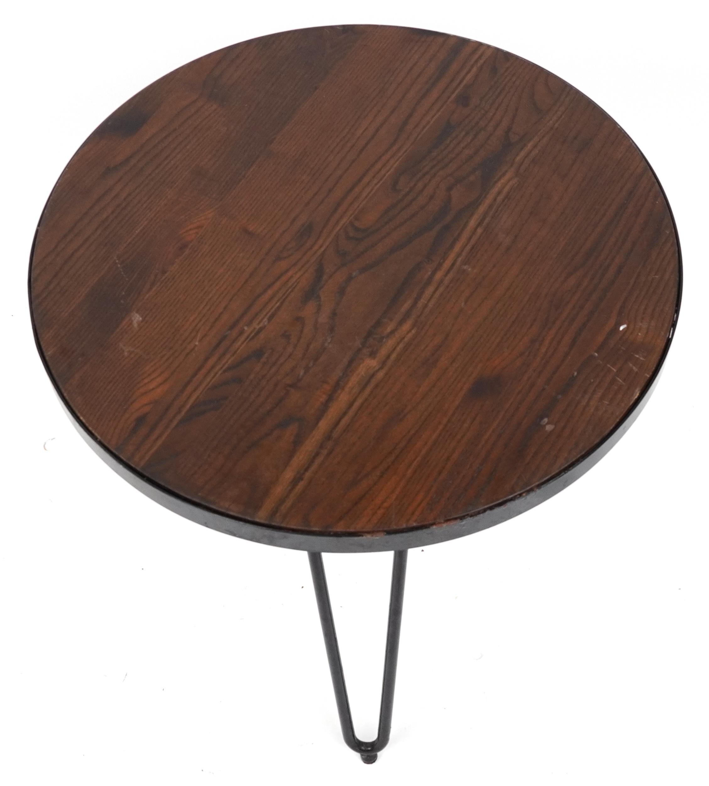 Industrial circular hardwood and wrought iron occasional table with hairpin legs, 53.5cm high x 61cm - Image 2 of 3