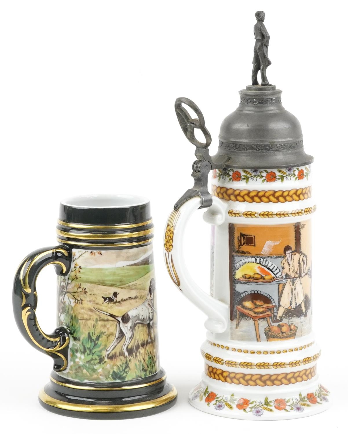 Two European porcelain steins including a Kaiser example with pewter mounts, the largest 34cm high - Image 3 of 6