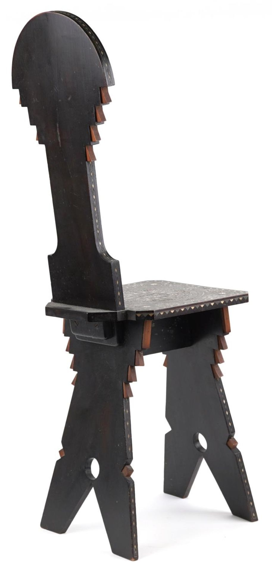 19th century Northern Italy hardwood chair with metal and bone foliate inlay, 101cm high - Image 4 of 4