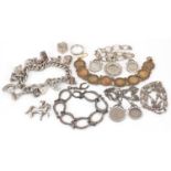 Silver jewellery including a charm bracelet with a collection of silver charms, lucky horseshoe