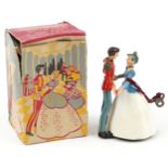 Vintage clockwork Cinderella and Prince Charming novelty mechanical waltzing figures with box