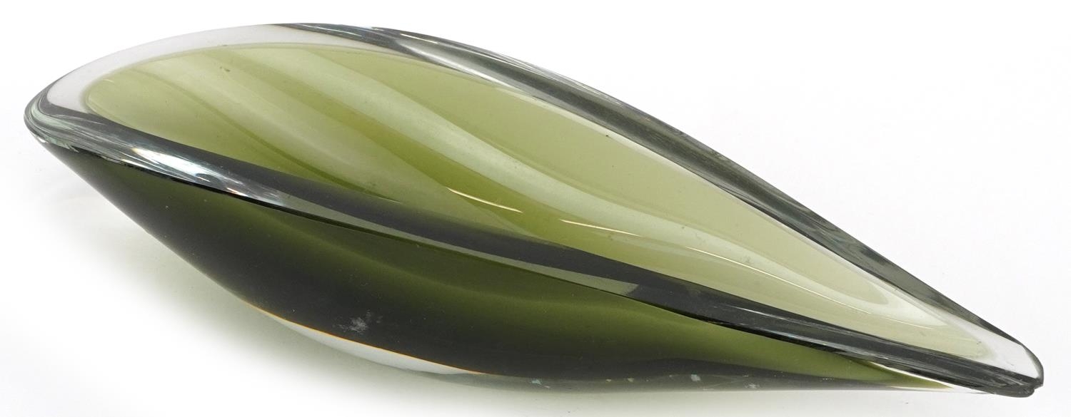 Scandinavian green glass dish, indistinctly signed to the base, 23.5cm wide