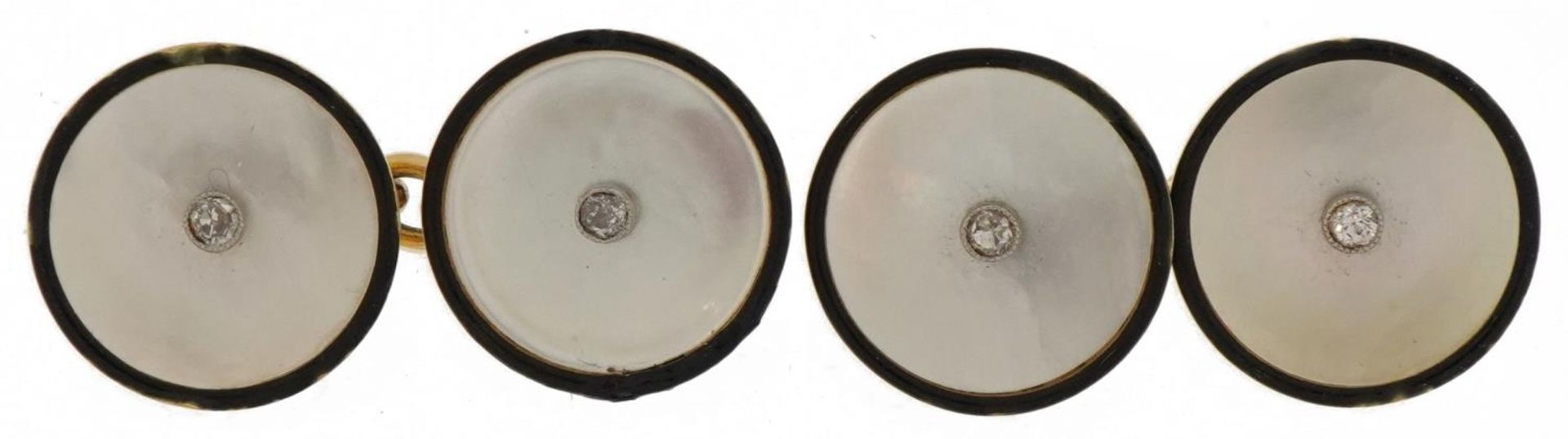 Pair of Art Deco 18ct gold, diamond, mother of pearl and black enamel cufflinks housed in a fitted - Bild 2 aus 5