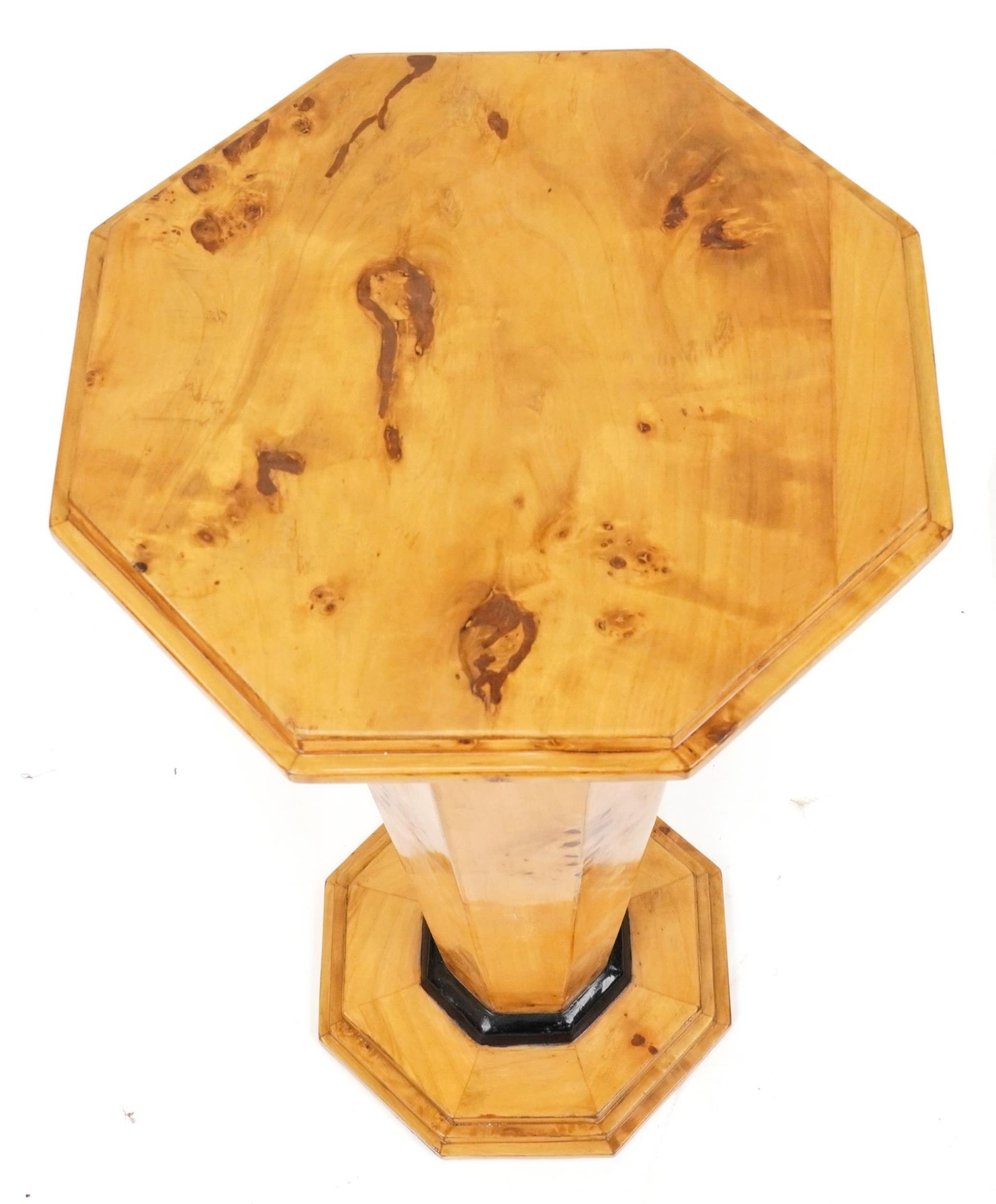 Art Deco style octagonal bird's eye maple effect pedestal with tapering column, 78.5cm high - Image 2 of 3