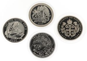 Four silver proof coins comprising 2018 Isle of Man one ounce Angel, 2020 one ounce St George and