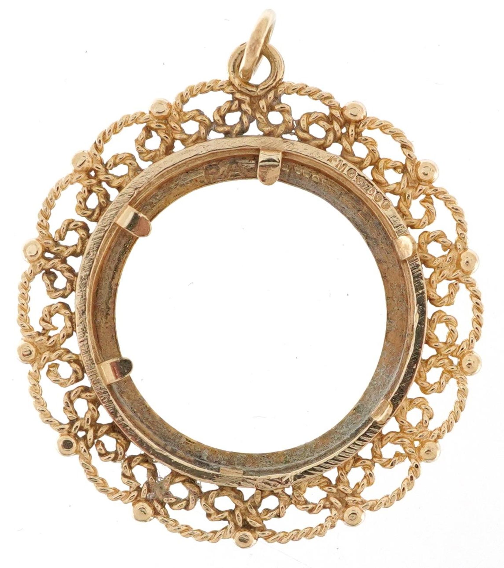 9ct gold rope twist design half sovereign pendant mount, 3cm in diameter, 3.1g - Image 2 of 3