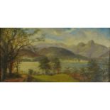 Panoramic mountainous lake scene, early 20th century oil on board, bearing an indistinct monogram,