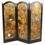 Victorian ebonised three fold decoupage screen, 152cm high x 161cm wide