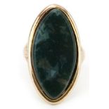 George III gold agate marquis shape mourning ring engraved Jane Gray 12 Feb 1788 ?? 28, size N, 5.9g