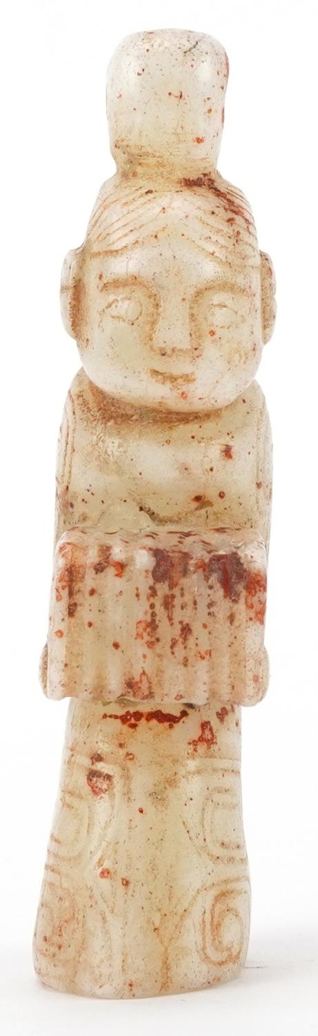 Chinese russet and white jade carving of a young female, 10.5cm high - Image 2 of 7