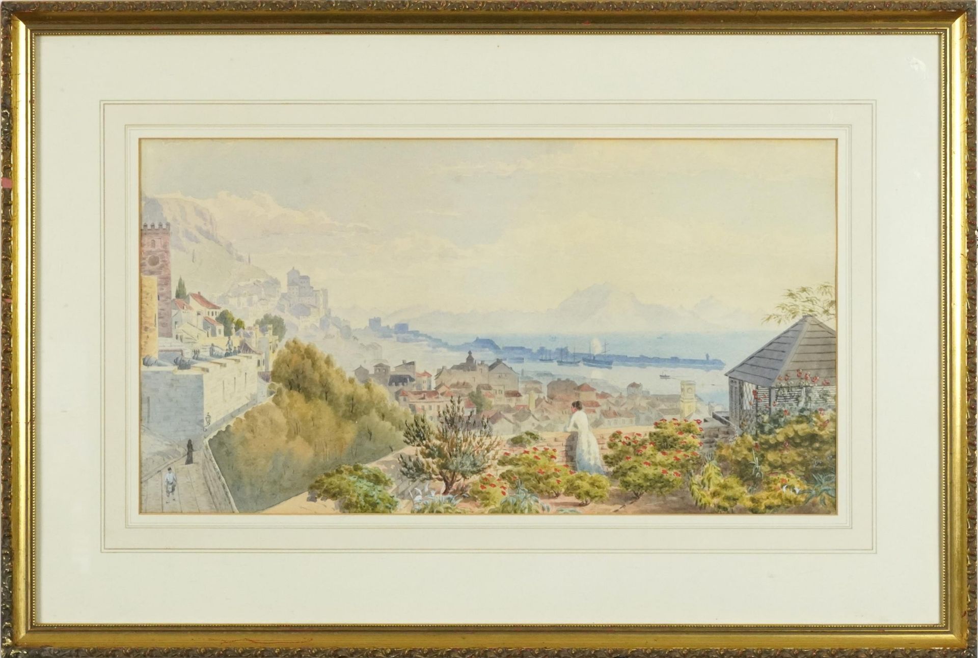 Female looking out over a Mediterranean harbour, 19th century watercolour, mounted, framed and - Bild 2 aus 4
