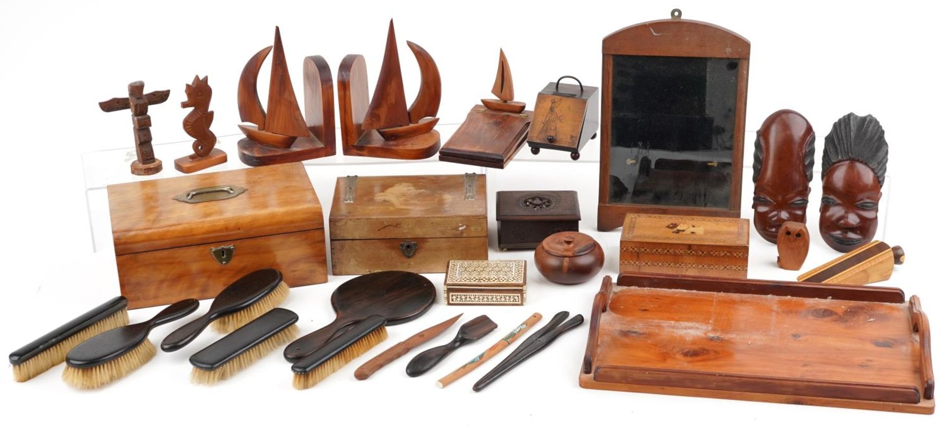 19th century and later woodenware including Arts & Crafts mahogany frame, Victorian workbox, pair of