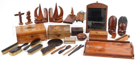 19th century and later woodenware including Arts & Crafts mahogany frame, Victorian workbox, pair of
