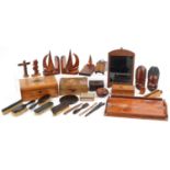 19th century and later woodenware including Arts & Crafts mahogany frame, Victorian workbox, pair of