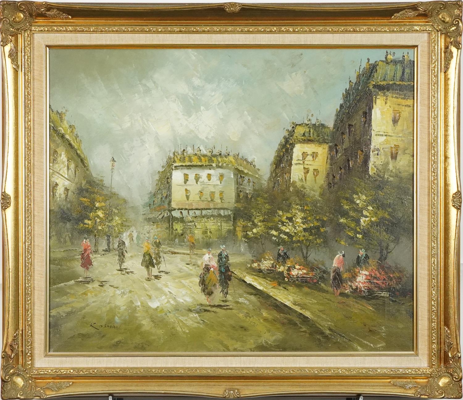 Kosman - Parisian street scene, impressionist oil on canvas, mounted and framed, 59.5cm x 50cm - Image 2 of 5