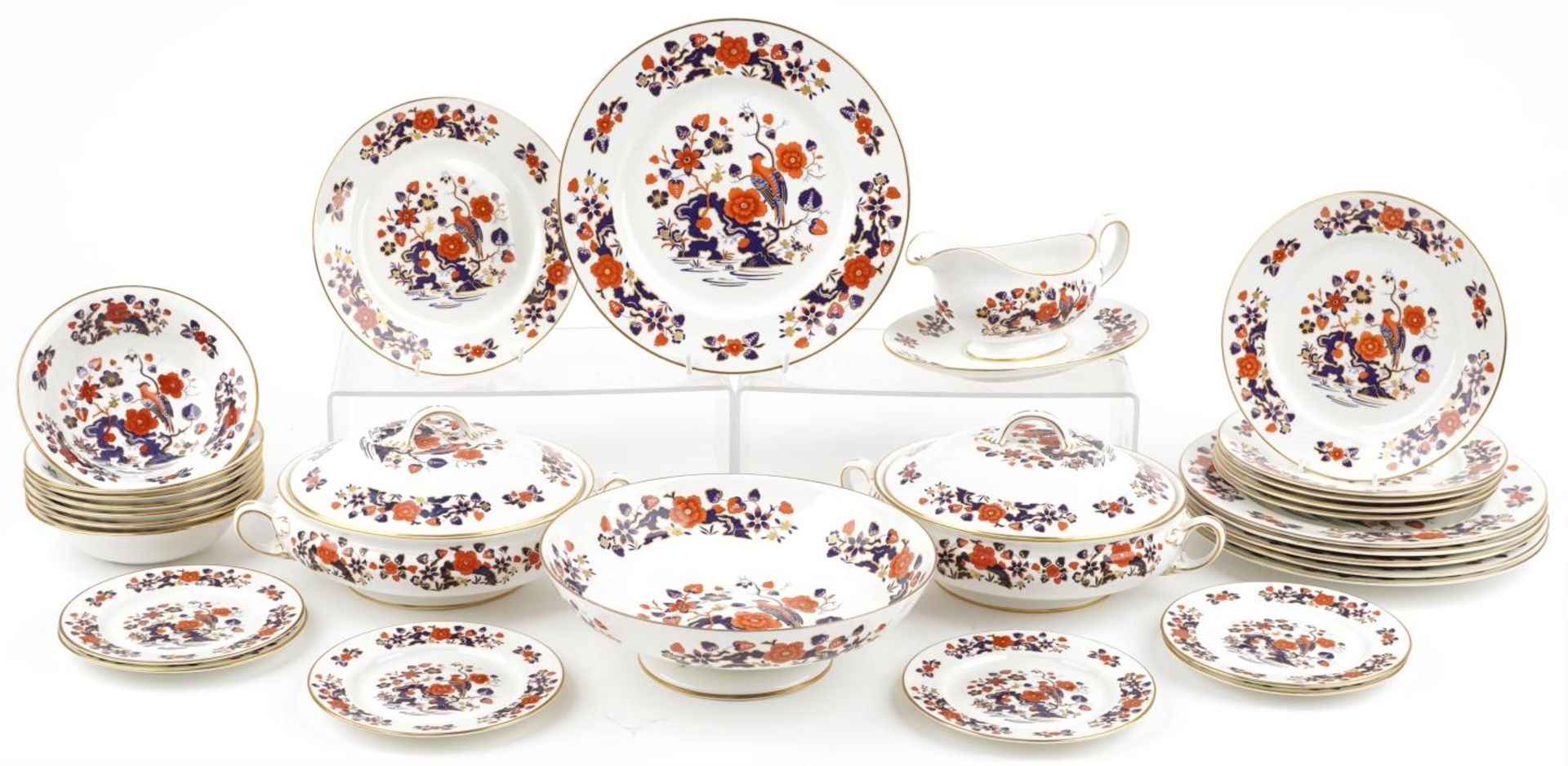 Aynsley Bird of Paradise dinner and teaware including a pair of lidded tureens, various sized