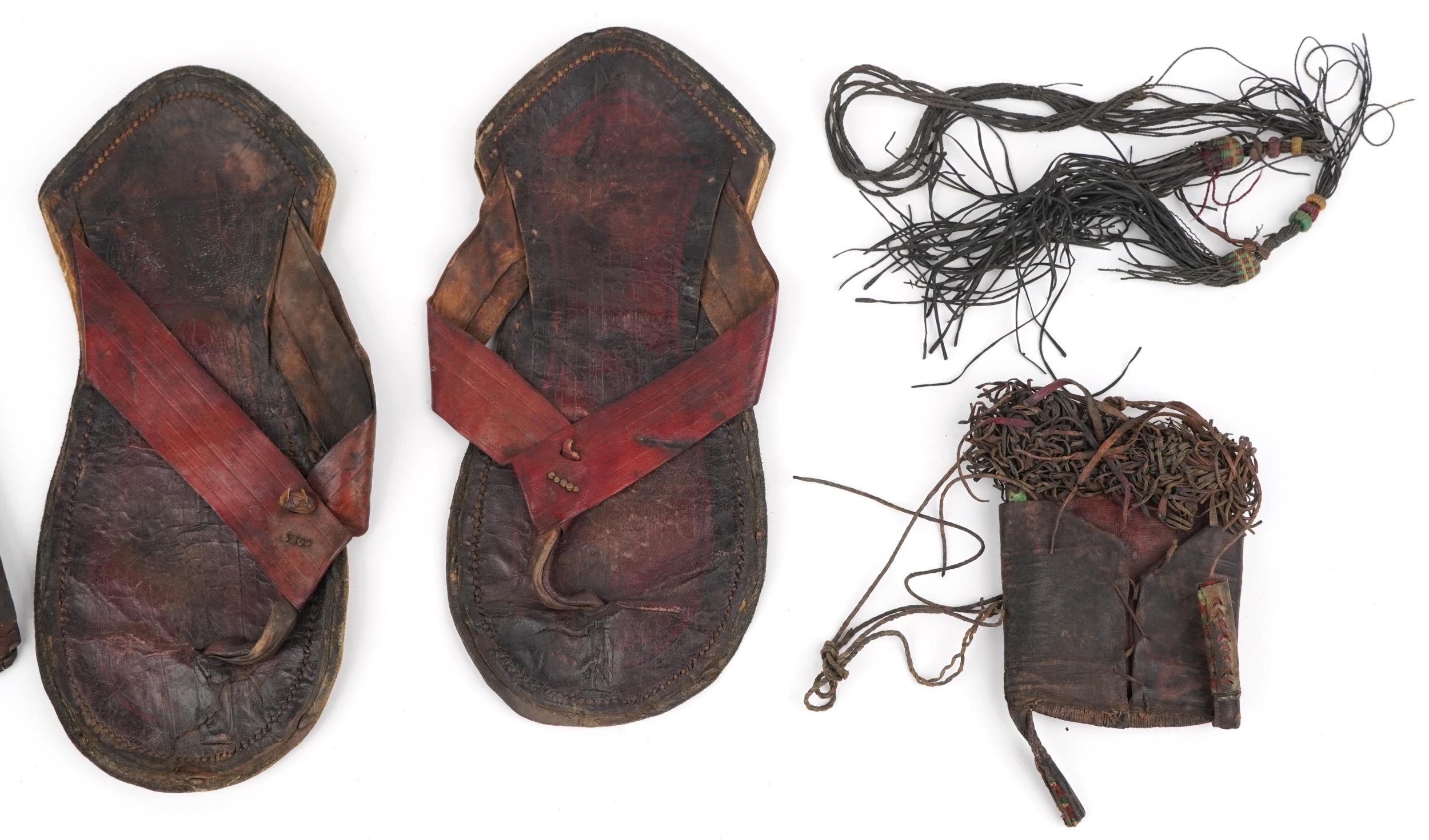 African tribal interest leather comprising pair of sandals and two pockets, each Tuareg tribe, the - Image 3 of 3