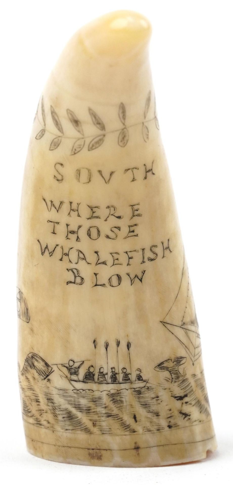 Antique sailor's scrimshaw whale's tooth engraved with whalers beside a rigged ship inscribed - Image 3 of 6