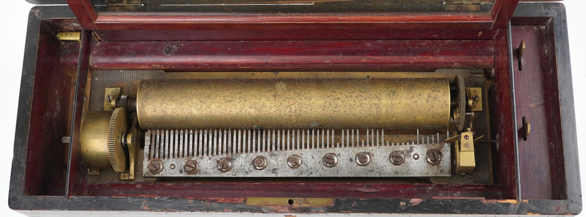 19th century Swiss inlaid rosewood and ebonised music box having a 13 inch brass cylinder playing on - Image 2 of 7