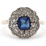 Art Deco 9ct gold on silver blue and white paste cluster ring, size T, 4.2g