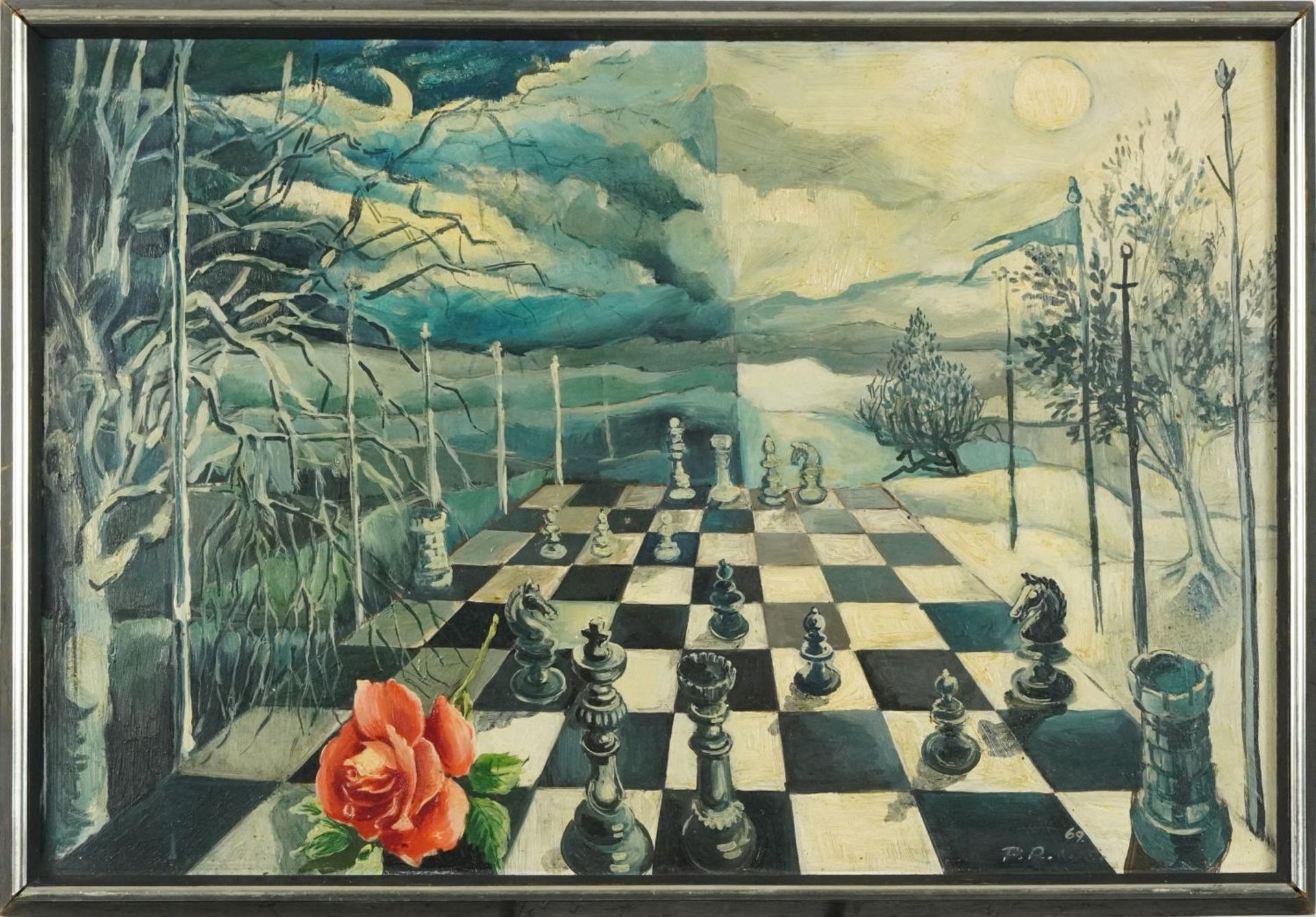 Surreal chess game, 1960s oil on board, framed, 59cm x 39.5cm excluding the frame - Image 2 of 4