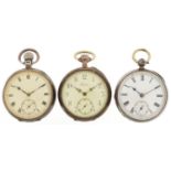 Three Victorian and later silver key wind and keyless pocket watches comprising The Farringdon B,