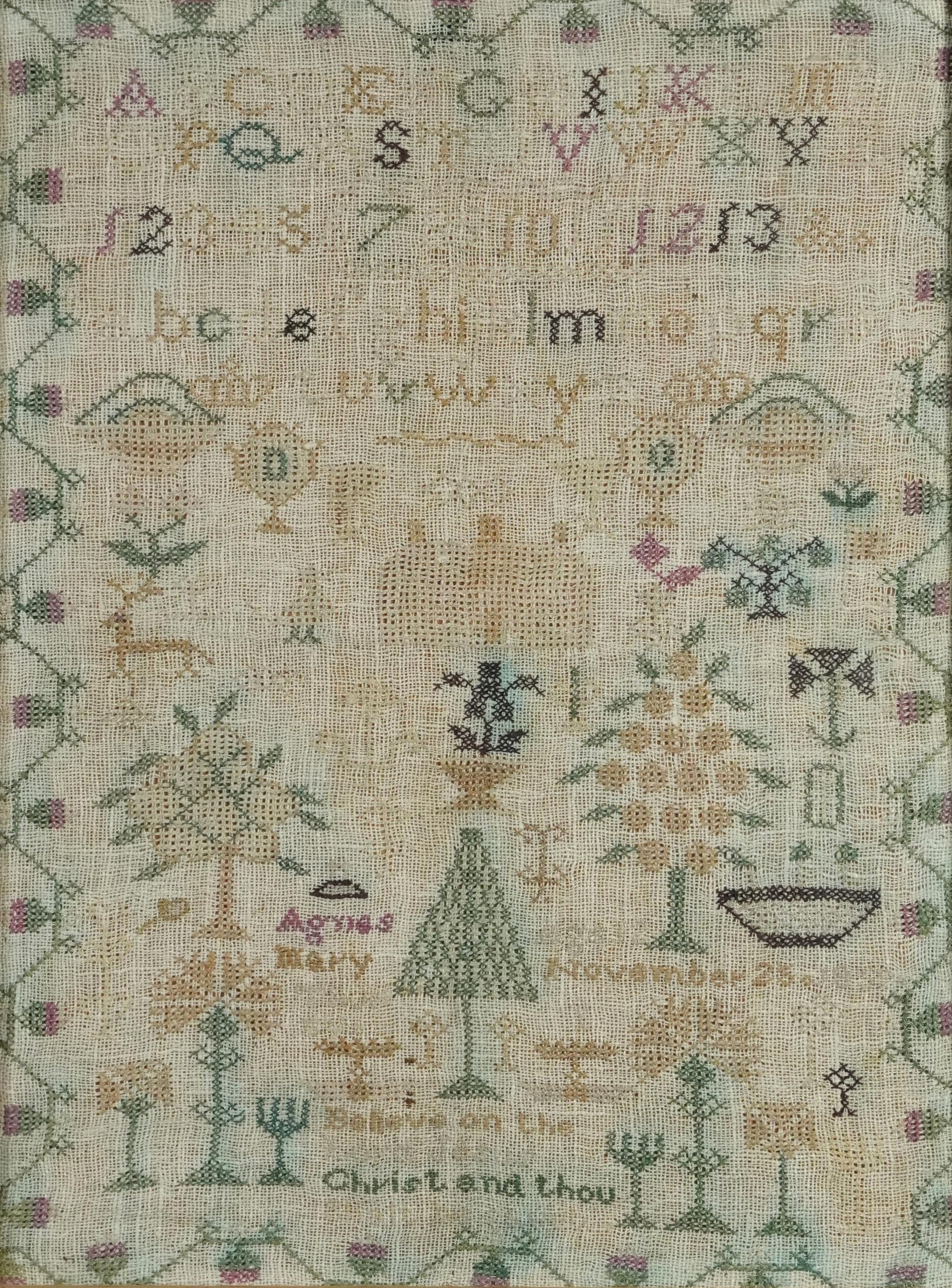 Antique needlework sampler worked by Agnes Mary age 12, framed and glazed, 40cm x 30cm excluding the