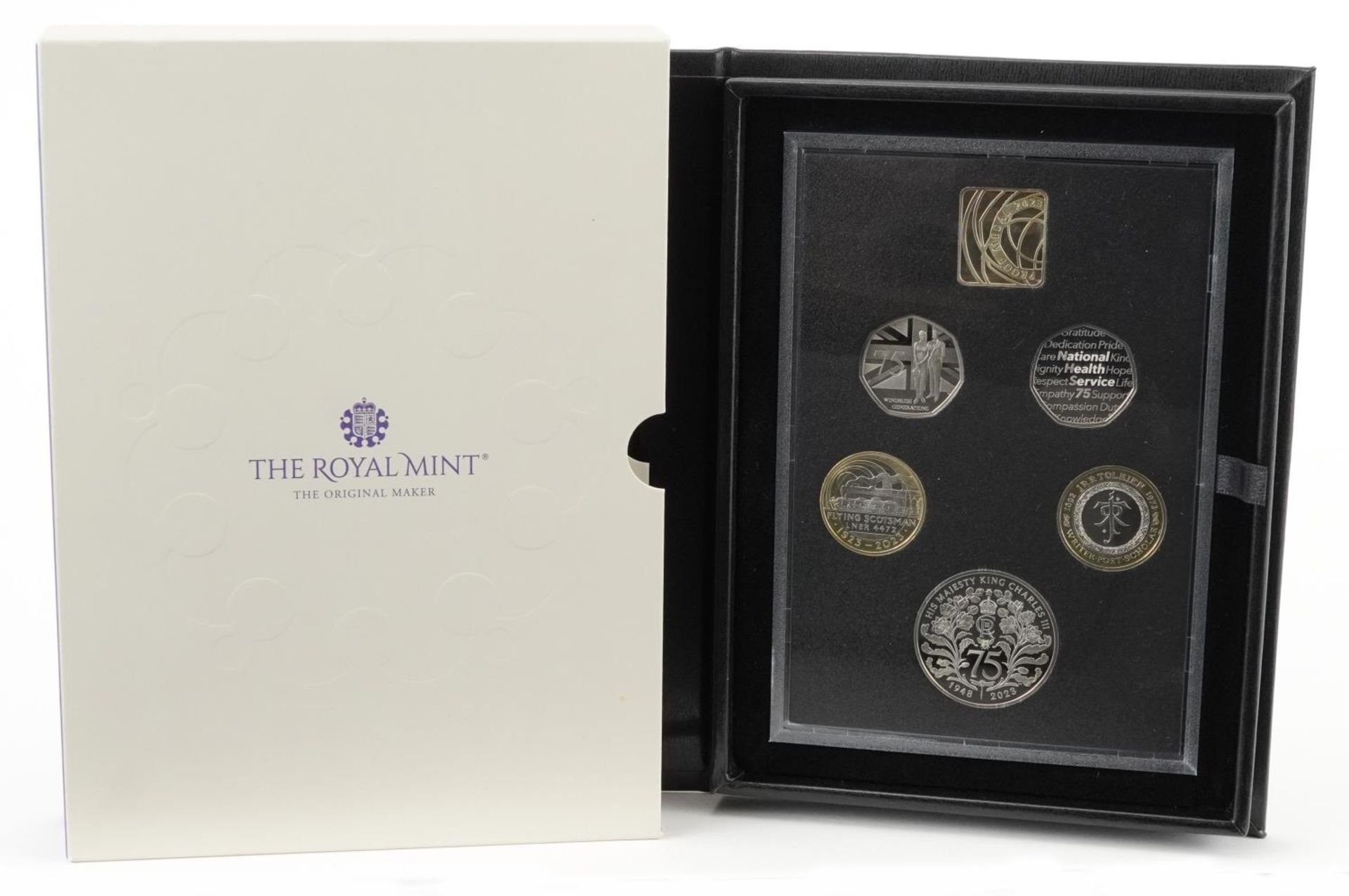 Elizabeth II 2023 United Kingdom commemorative coin set by The Royal Mint with fitted case, slip box