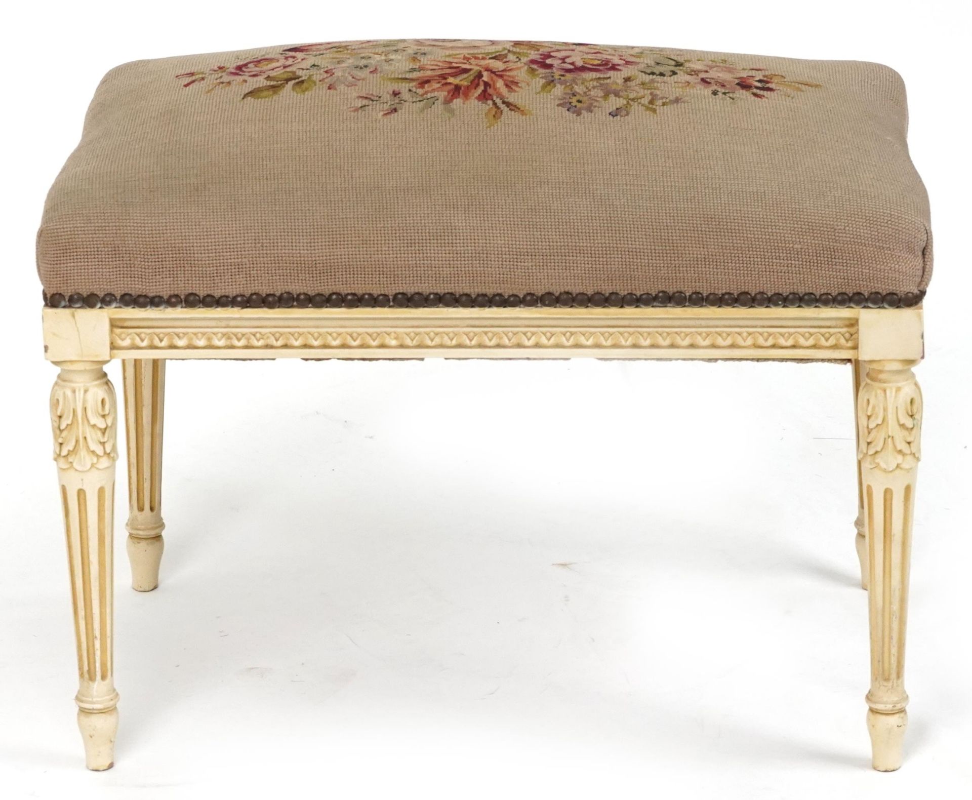 French style cream painted stool with reeded columns and floral upholstered cushion seat, 44cm H x - Bild 2 aus 4