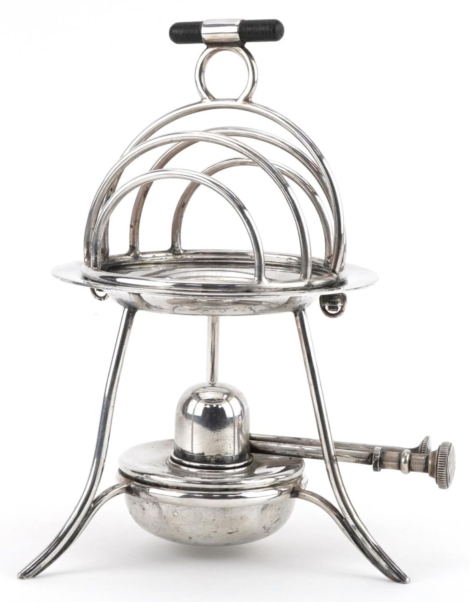 Asprey & Co, Edwardian silver plated heated toast rack with burner and ebonised handle, numbered