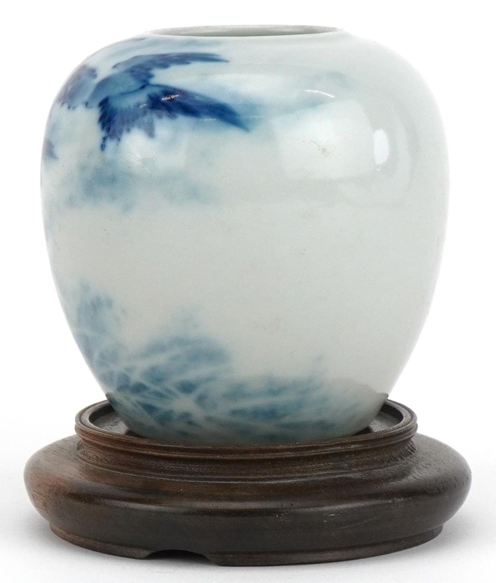 Chinese blue and white porcelain vase with hardwood stand hand painted with birds above waves, - Image 2 of 6