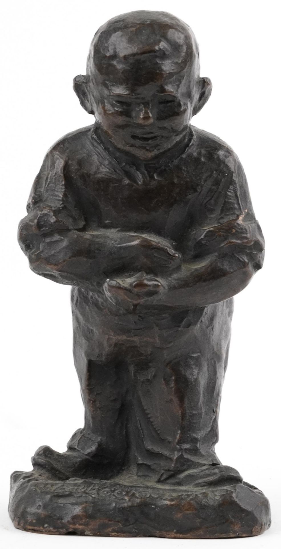 Mid century patinated bronze statue of a young boy gathering, incised Viaveggio 49, 21cm high