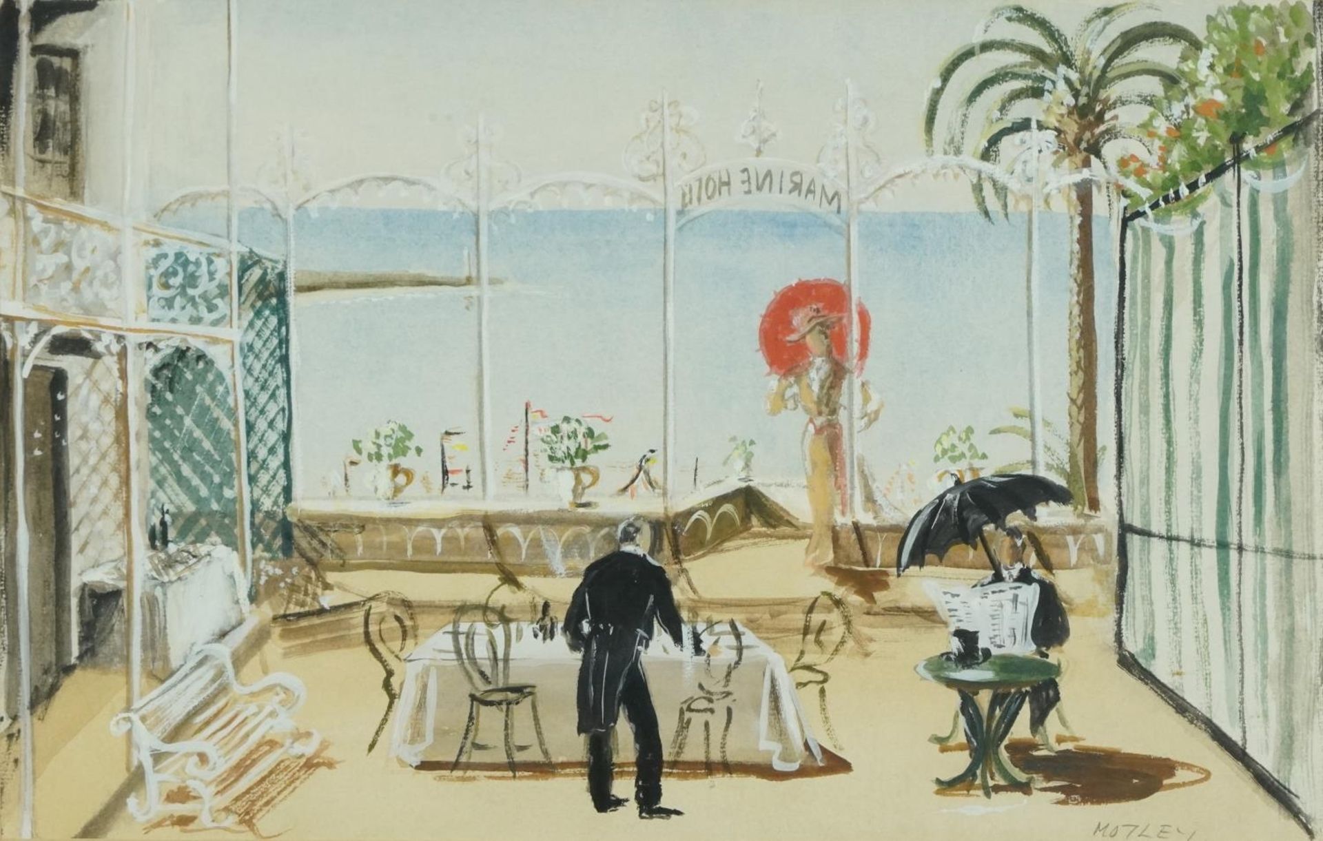 Charles Motley - You Never Can Tell, heightened watercolour theatre set design, Wright Hepburn