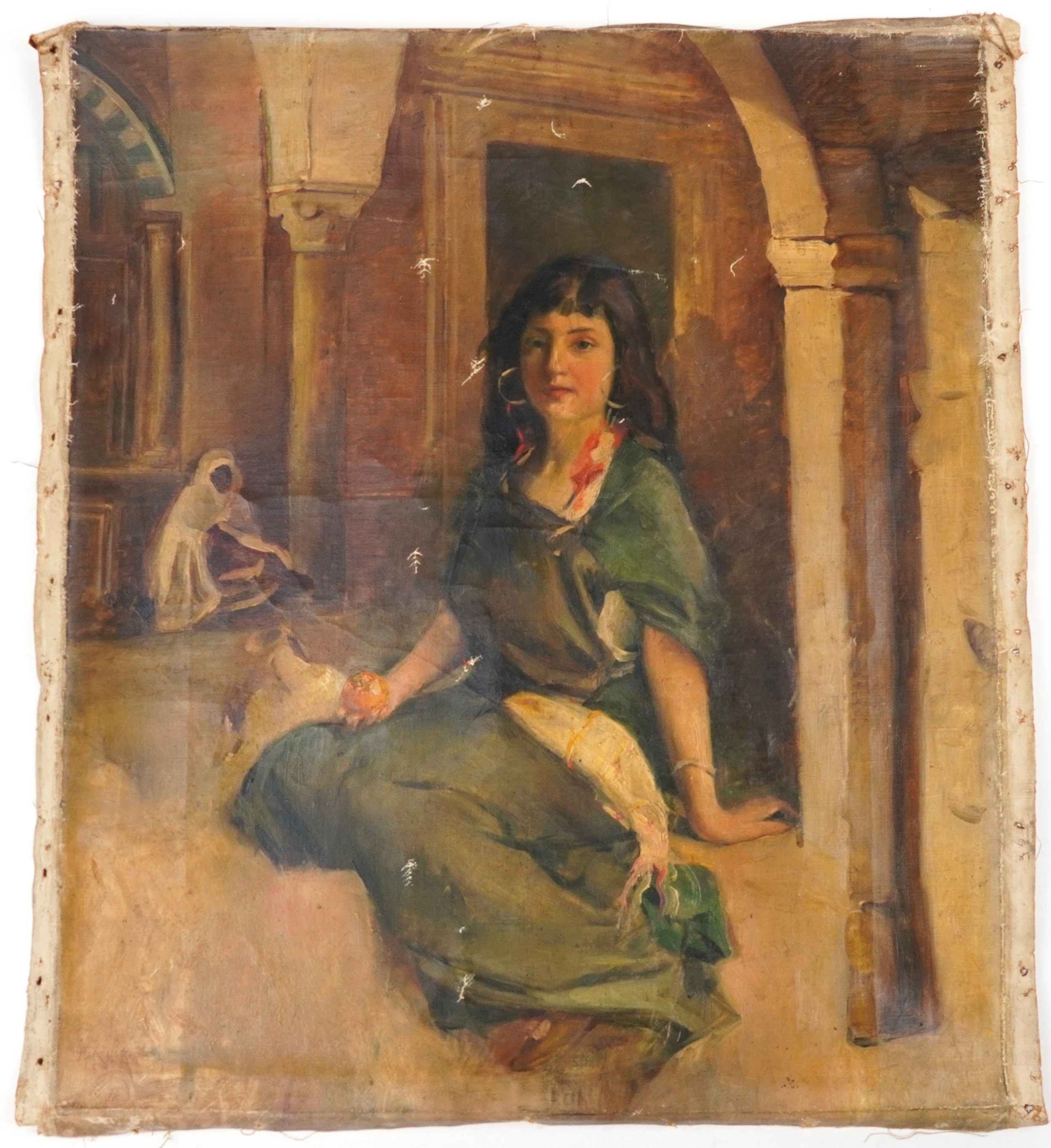 F Ruiz - Young female beside a vessel, 19th century Orientalist school oil on unstretched canvas,