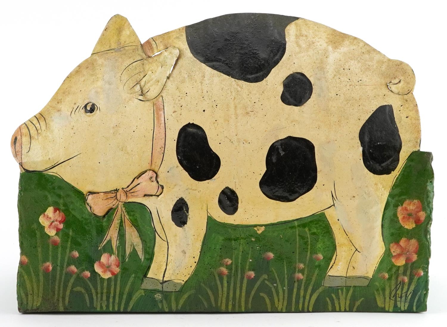 Folk Ark style Toleware hand painted metal wall pocket in the form of a grazing pig, 24cm H x 32cm W - Image 2 of 4