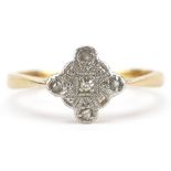 Art Deco 18ct gold and platinum diamond cluster ring, size M, 2.5g