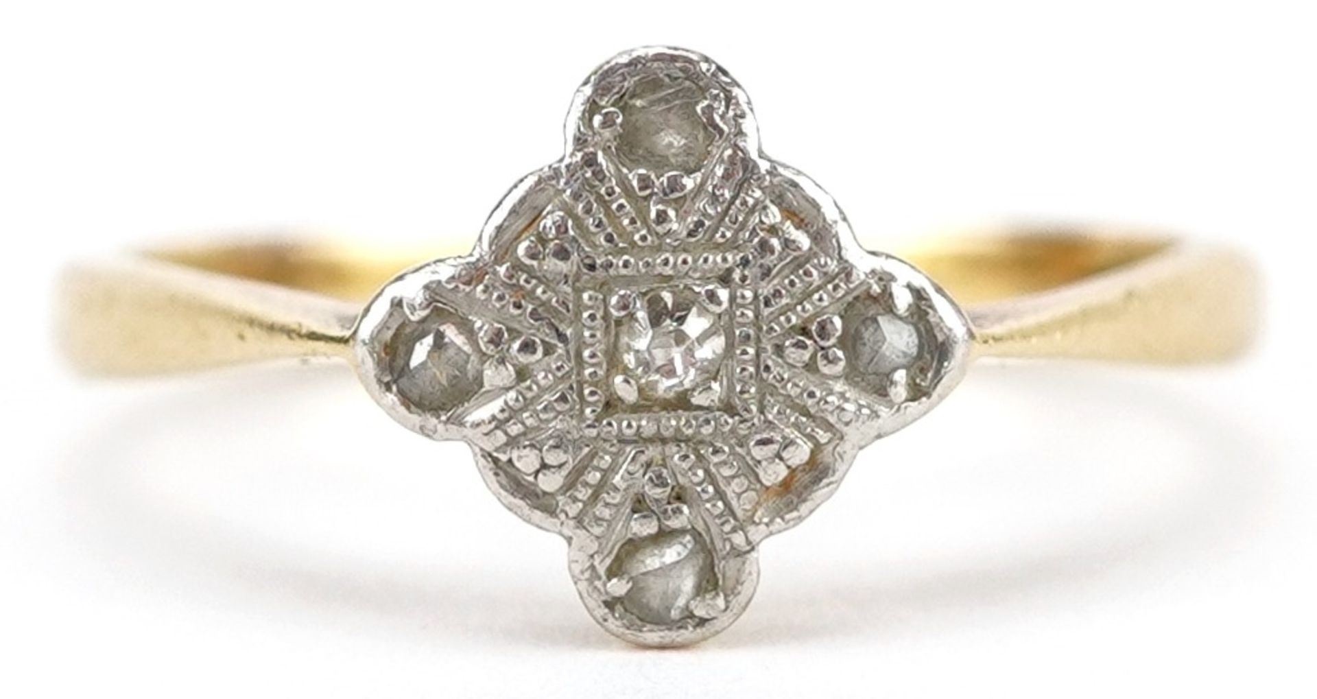 Art Deco 18ct gold and platinum diamond cluster ring, size M, 2.5g