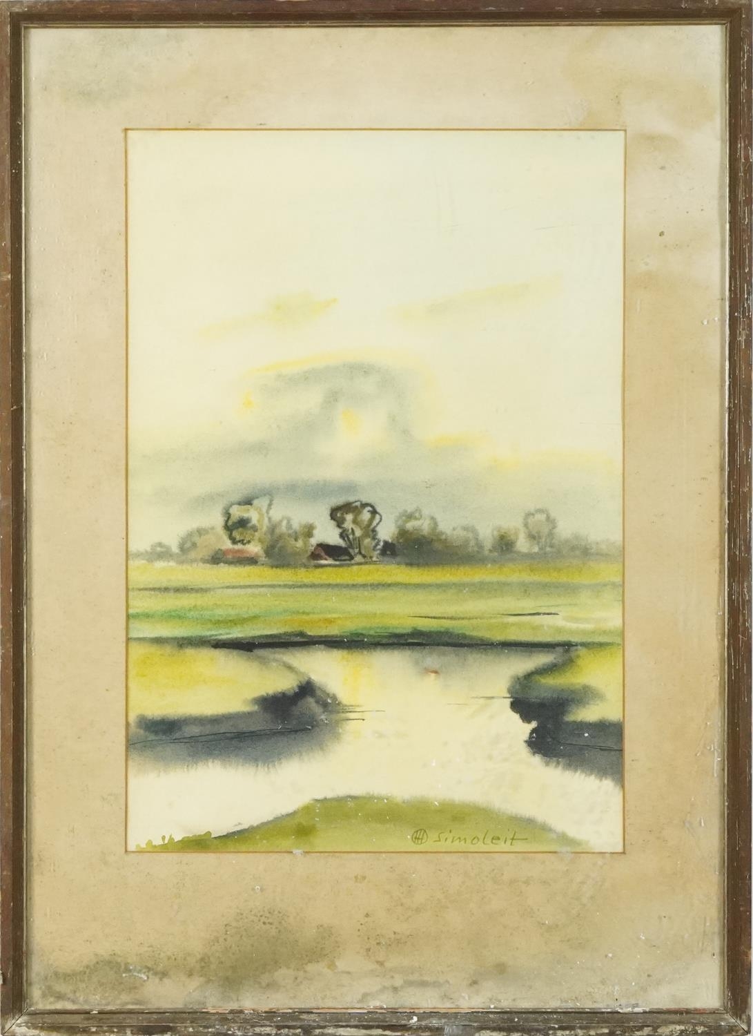 Hans Simoleit - Landscape with river, German Expressionist watercolour, Franz Leuwerbremen label - Image 2 of 5