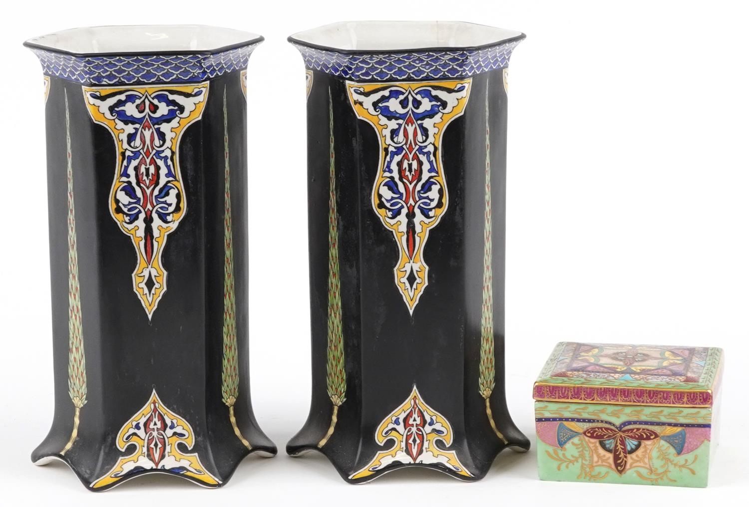 Pair of Art Nouveau hexagonal vases decorated with foliate motifs and a 1930s square box and cover